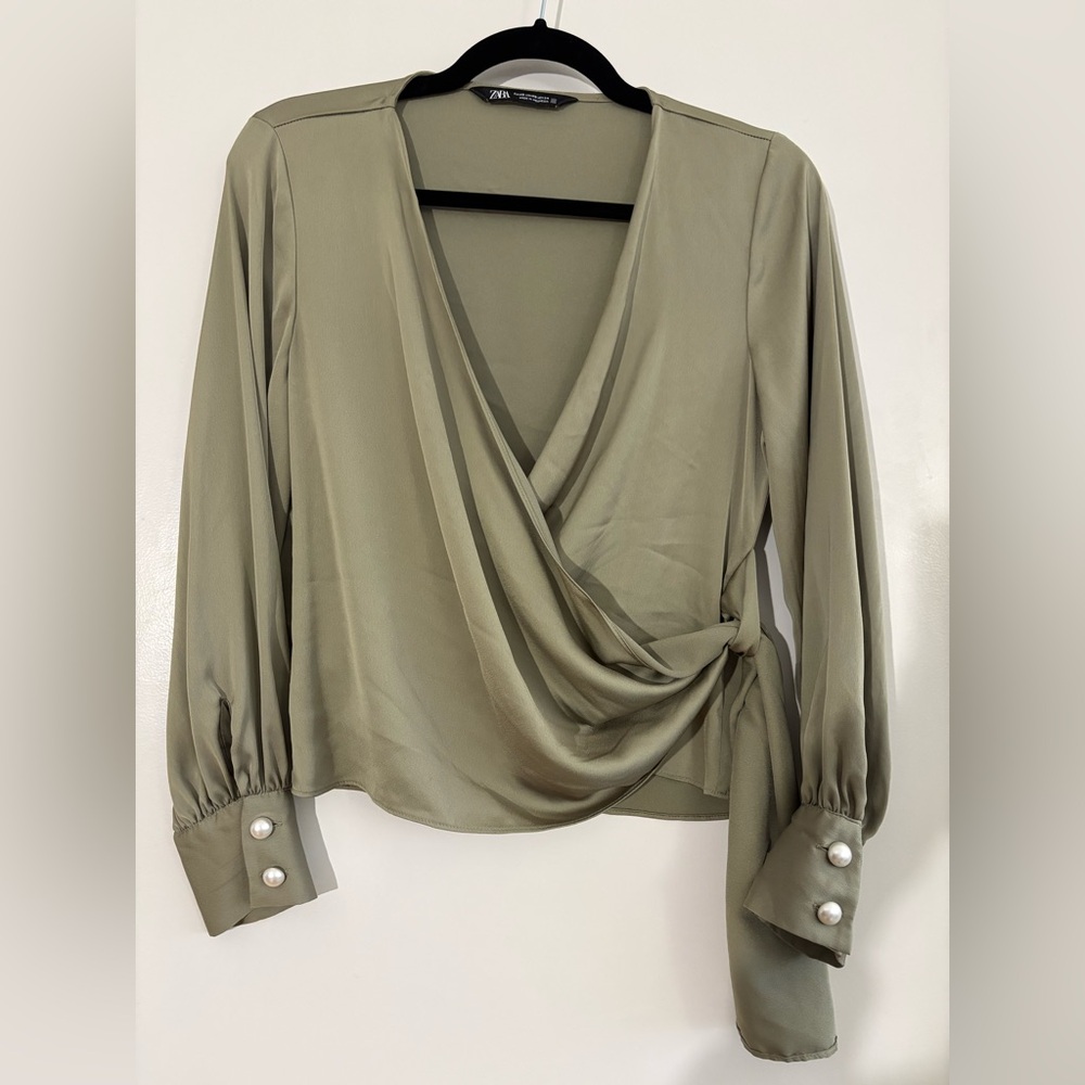 Zara Olive Green Wrap Blouse